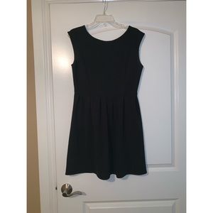 Cap sleeve fit and flare black dress w gold stitch